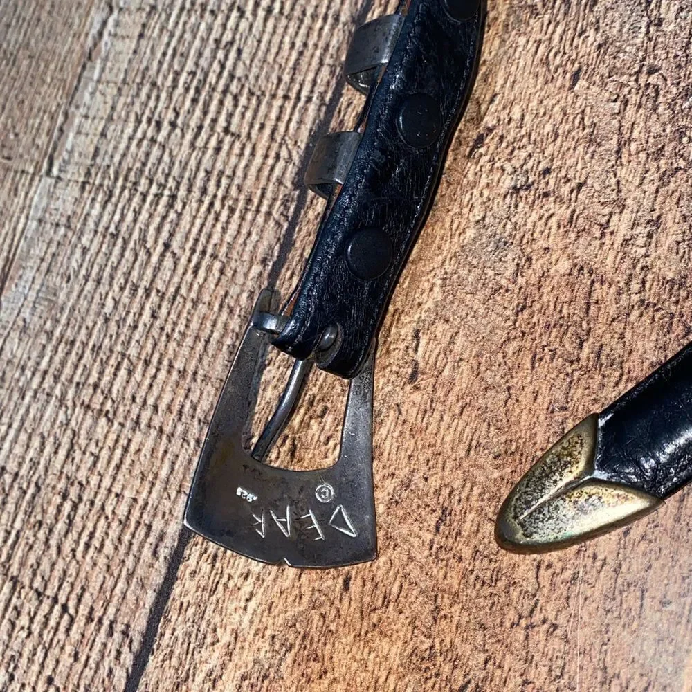 DAVID DEAR 925 Silver Vintage Belt 38 Black leather Genuine‎ Ostrich Made In USA